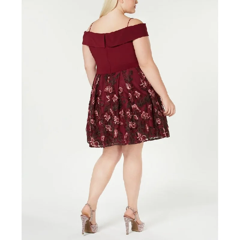 Cocktail dress with floral print-Morgan & Company Women's Floral Off Shoulder Above The Knee Party Circle Dress Red Size 20W