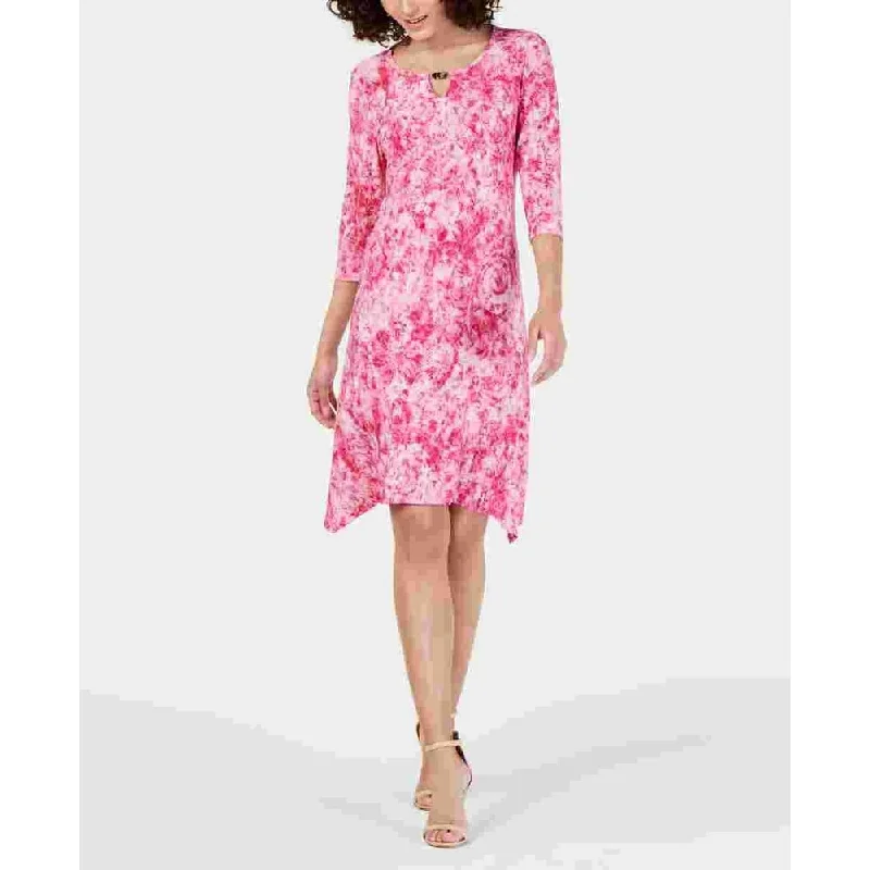 A-line cocktail dress-Ny Collection Women's Tie Dye 3/4 Sleeve Keyhole Above The Knee A Line Party Dress Pink Size Petite Small