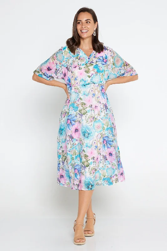 Soft knit midi dress-Penelope Dress - Pink Blue Floral