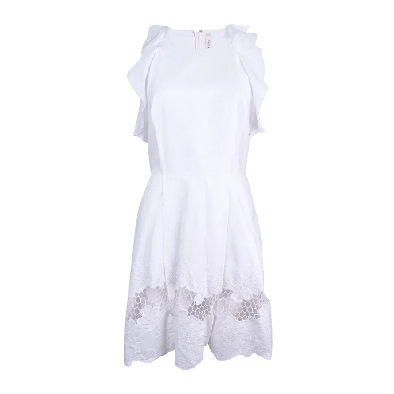 Mini dress with plunging neckline-Rachel Roy Women's Ruffled Embroidered Fit & Flare Dress