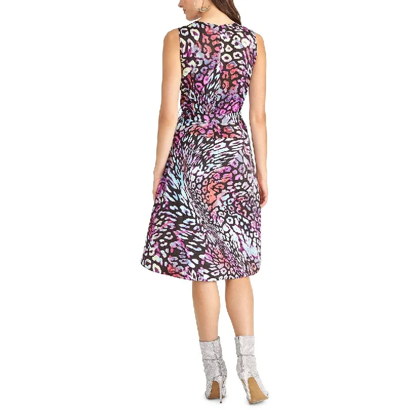 Cocktail dress with crystal embellishments-Rachel Roy Women's Tie Printed Sleeveless Keyhole Below The Knee Party Fit Flare Dress Black Size 4