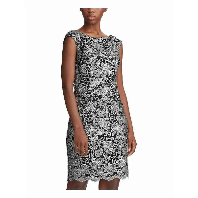 Backless cocktail dress-Ralph Lauren Women's Embroidered Zippered Floral Cap Sleeve Jewel Neck Short Party Sheath Dress Black Size 2