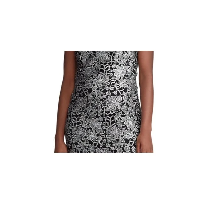 Glitter cocktail dress-Ralph Lauren Women's Embroidered Zippered Floral Cap Sleeve Jewel Neck Short Sheath Party Dress Black Size 14