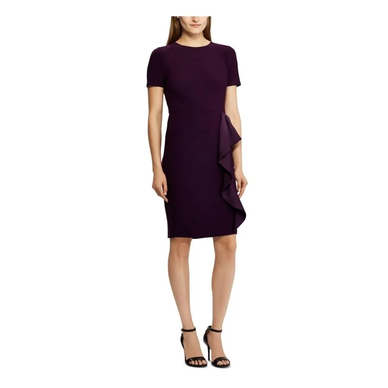 Cocktail dress with embellishments-Ralph Lauren Women's Purple Ruffled Short Sleeve Jewel Neck Above The Knee Sheath Party Dress Petites Purple Size 4