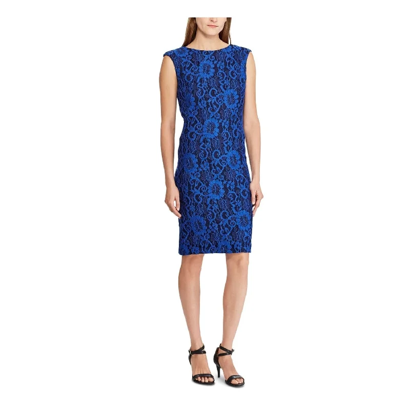 Sparkle cocktail dress-Ralph Lauren Women's Zippered Two Tone Floral Lace Boat Neck Above The Knee Body Con Party Dress Blue Size 6