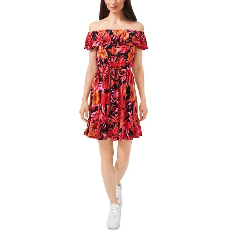 Sheath cocktail dress-Riley & Rae Women's Stretch Ruffled Off Shoulder Above The Knee Party Fit Flare Dress Red Size Medium