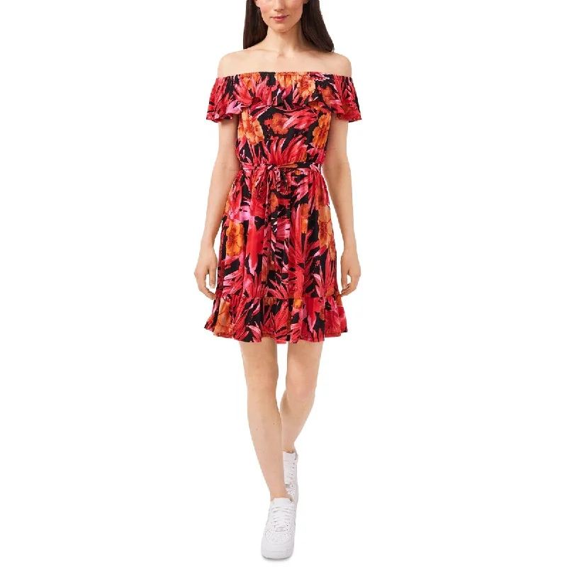 Statement cocktail dress-Riley & Rae Women's Stretch Ruffled Off Shoulder Above The Knee Party Fit Flare Dress Red Size X-Small