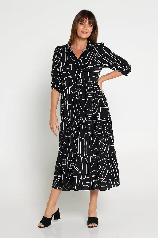 Sophisticated midi dress-Ronan Shirt Dress - Black Print