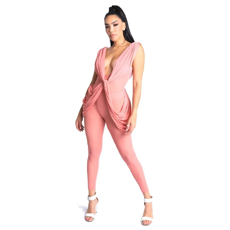 Formal cocktail attire-Sexy Sleeveless Lightweight Draped Mesh Jumpsuit Party Clubwear Mauve