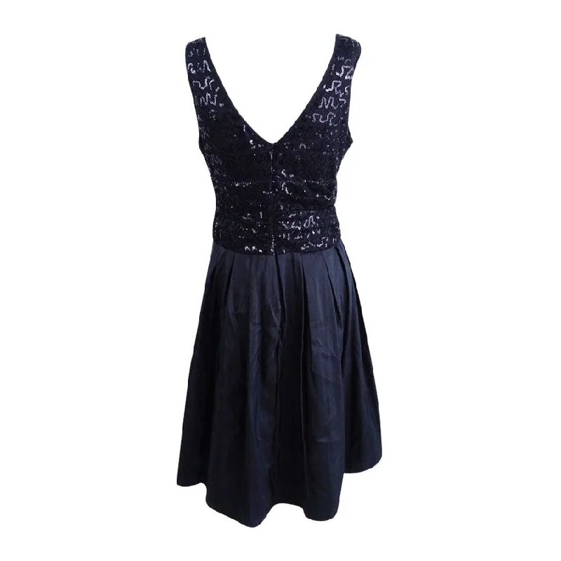 Halter neck cocktail dress-SL Fashions Women's Sequined V-Neck Taffeta Party Dress