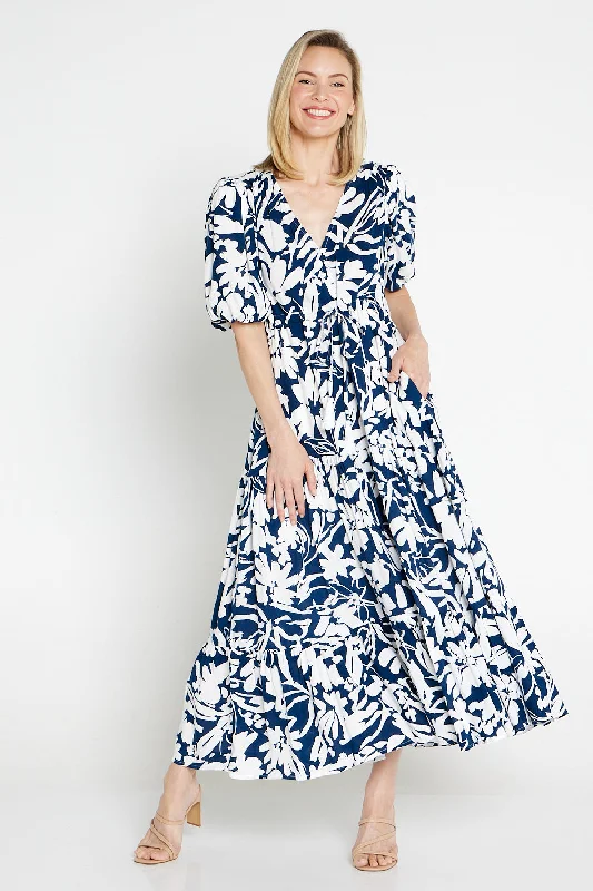 Soft linen midi dress-Soraya Puff Sleeve Dress - Navy/White Floral