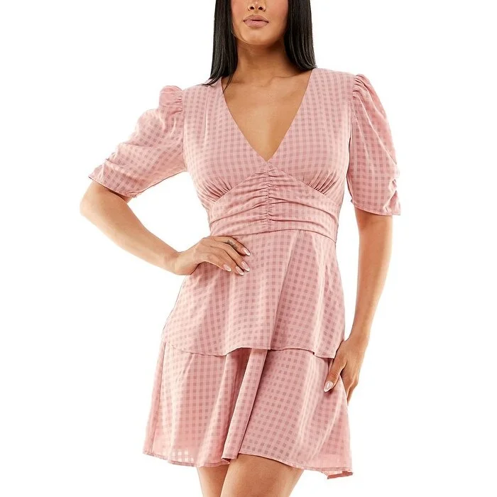 Chic satin cocktail dress-Speechless Women's Ruched Zippered Back Tie Tiered Skirt Lined Gingham Short Sleeve Short Party Fit Flare Dress Pink Size S