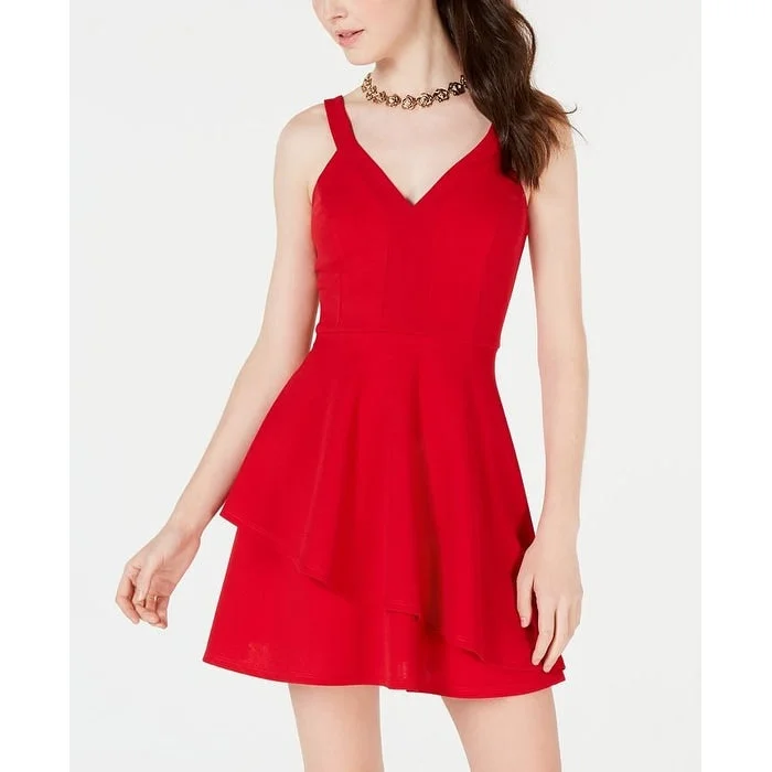 Classic cocktail dress-Teeze Me Women's Double Ruffle V Neck Party Dress Red Size 5