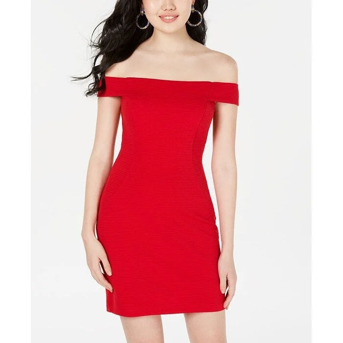 Strapless cocktail dress-Teeze Me Women's Off the Shoulder Ribbed Party Dress Red Size 11