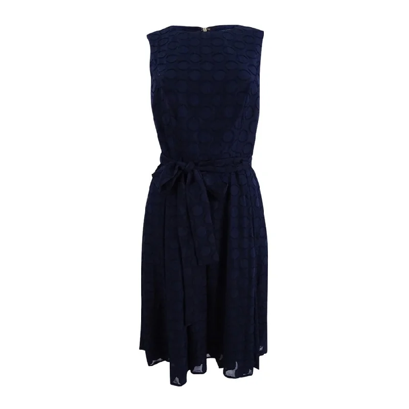 Mini dress with bell sleeves-Tommy Hilfiger Women's Belted Dot-Texture Fit & Flare Dress