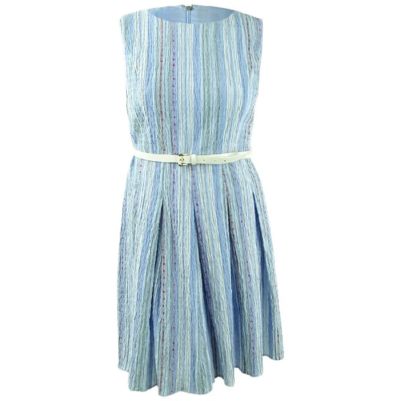 One-shoulder mini dress-Tommy Hilfiger Women's Belted Fit & Flare Dress (18, Light Blue)