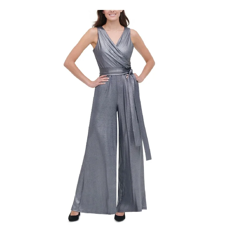 Halter neck cocktail dress design-Tommy Hilfiger Women's Belted Sleeveless V Neck Faux Wrap Wide Leg Party Jumpsuit Gray Size 2