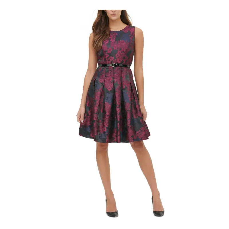 Knee-length cocktail dress-Tommy Hilfiger Women's Belted Zippered Floral Sleeveless Jewel Neck Above the Knee Fit Flare Party Dress Navy Combo Size 2