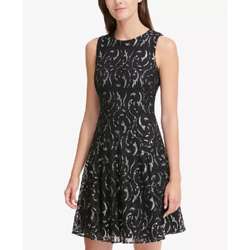 Cocktail dress with sequined details-Tommy Hilfiger Women's Printed Sleeveless Jewel Neck Short Fit Flare Party Dress Black Size 6