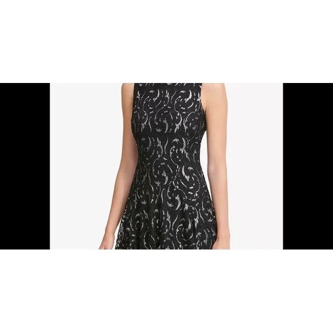 Chic satin cocktail dress-Tommy Hilfiger Women's Silver Printed Sleeveless Jewel Neck Short Fit + Flare Party Dress Black Size Square 18