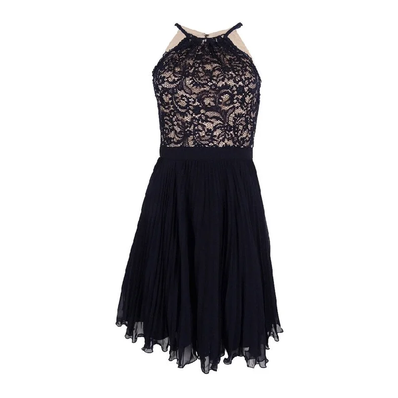 Chic boho mini dress-Xscape Women's Pleated Lace Fit & Flare Dress