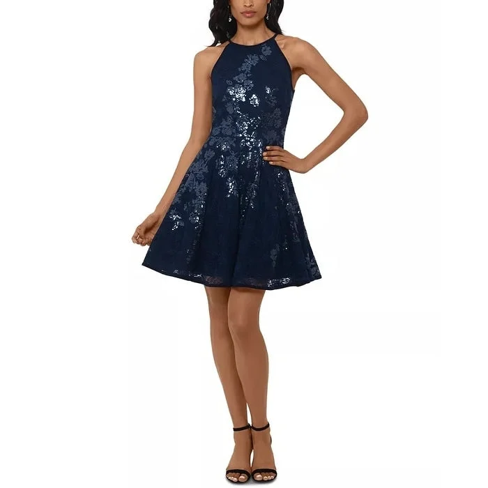 Embellished cocktail dress-Xscape Women's Sleeveless Halter Short Fit Flare Party Dress Blue Size 4