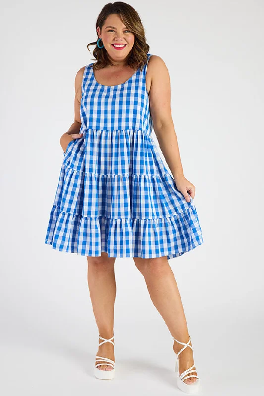 Faux leather midi dress-Dorothy Gingham Cobalt Dress