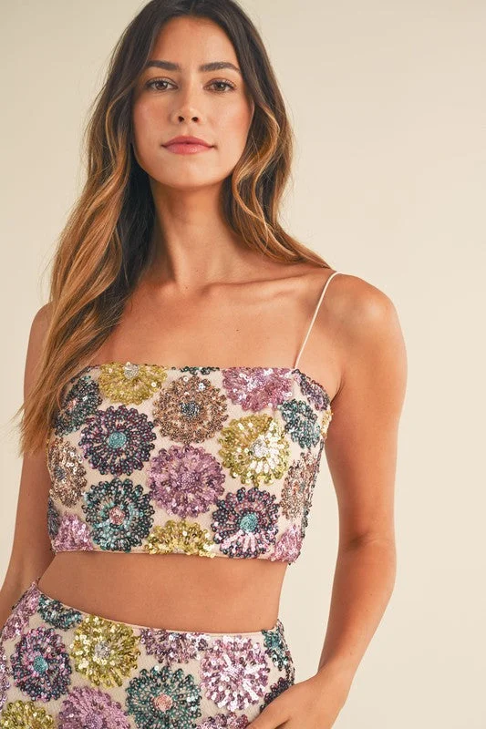 Cocktail dress with tulle overlay-Get This Party Started Floral Sequin Crop Top - Final Sale