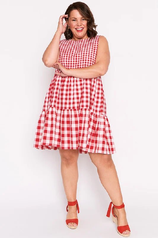 Effortless casual midi dress-Joey Red Gingham Dress