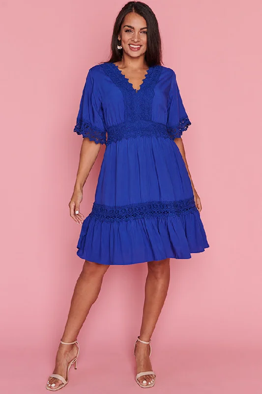 High-neck midi dress-Niki Cobalt Lace Trim Dress