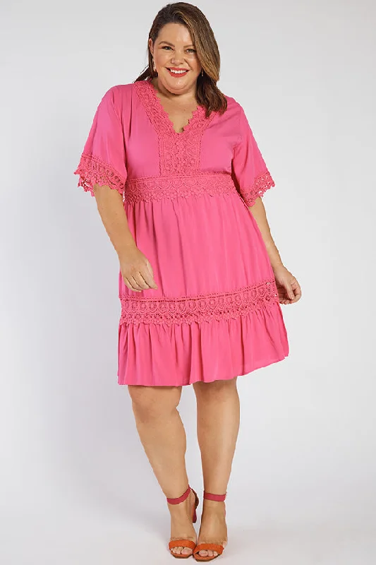 Fit and flare midi dress-Niki Hot Pink Lace Trim Dress