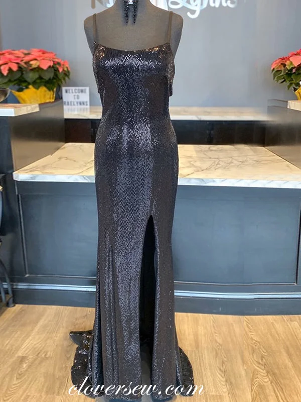 Cap sleeve maxi dress-Black Sequin Spaghetti Strap Sheath Side Slit Prom Dresses ,CP0351