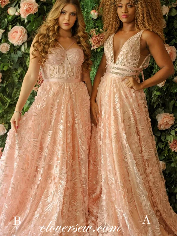 Embroidered maxi dress-Blush Pink 3D Lace Mismatched A-line Prom Dresses , CP0337