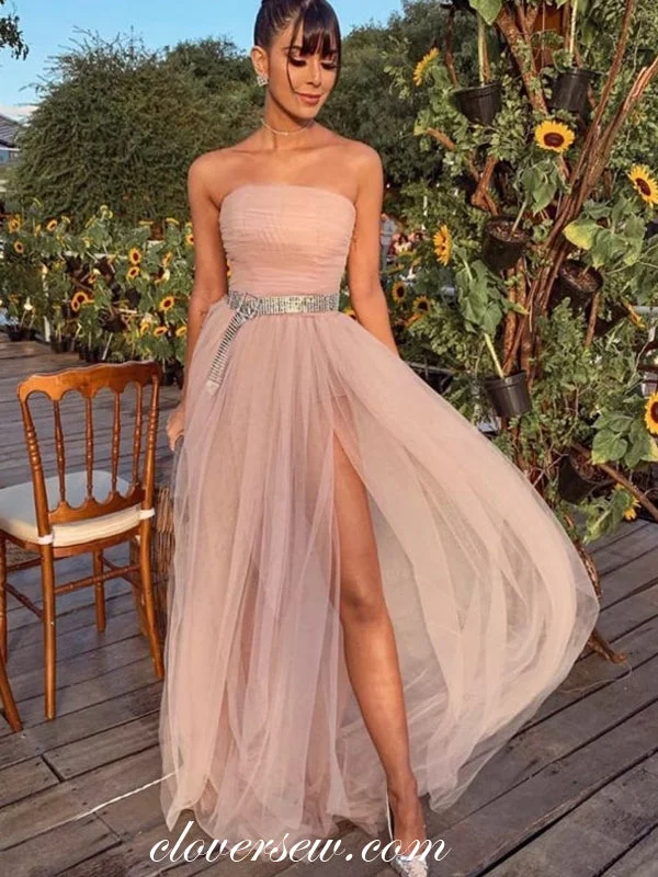 Effortless maxi dress-Blush Pink Tulle Strapless Side Slit A-line Prom Dresses,CP0340