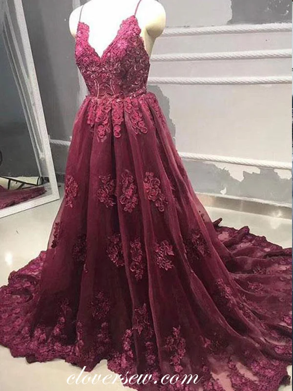 Beaded detail maxi dress-Burgundy Lace Spaghetti Strap V-neck A-line Prom Dresses,CP0363