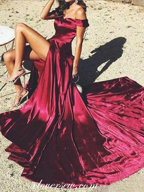 Business casual maxi dress-Burgundy Satin Off The Shoulder Side Slit Sheath Prom Dresses,CP0356