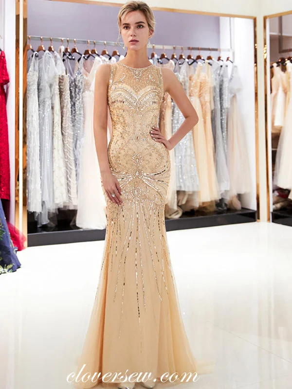 Art deco maxi dress-Gold Rhinestone Sequin Illusion Neckline Mermaid Prom Dresses,CP0366