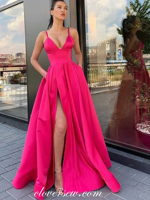 Drawstring waist maxi dress-Hot Pink Satin V-neck Side Slit High Waist Prom Dresses,CP0341