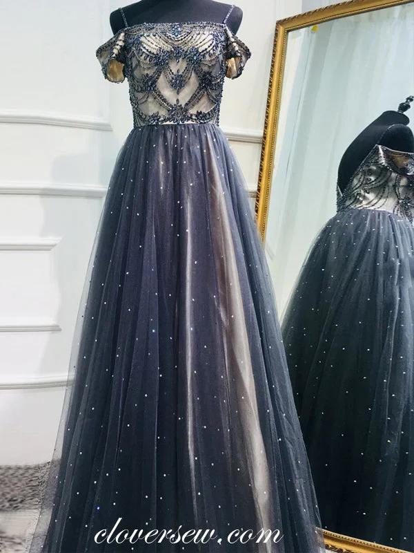 Bell sleeve maxi dress-Navy Bead Tulle Spaghetti Strap Off The Shoulder A-line Prom Dresses,CP0362