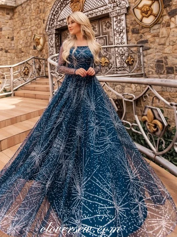 Cool tone maxi dress-Navy Starry Night Lace Long Sleeves A-line Prom Dresses,CP0345