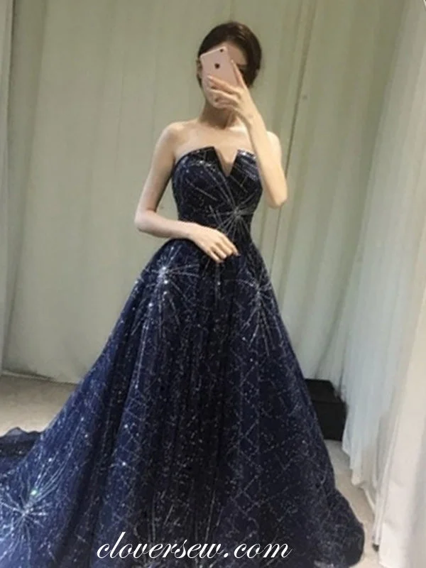 Bustier top maxi dress-Navy Tulle Shiny Starry Lace Strapless A-line Prom Dresses,CP0355