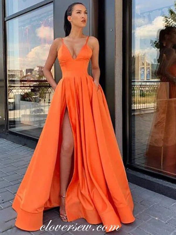 Crochet detail maxi dress-Orange Satin V-neck Side Slit High Waist With Pocket Prom Dresses ,CP0343