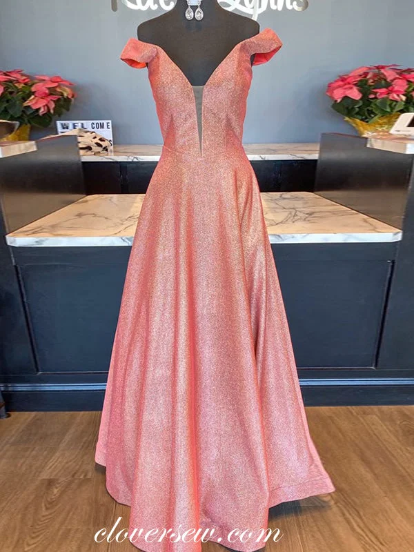 Empire waist maxi dress-Peach Shiny Satin Off The Shoulder A-line Prom Dresses,CP0336