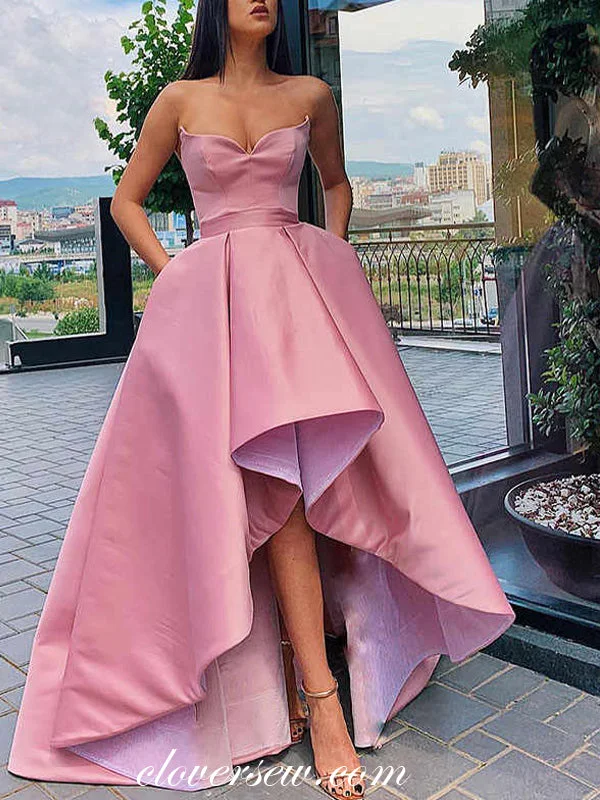 Casual summer maxi dress-Pink Satin Strapless High Low A-line Prom Dresses,CP0348