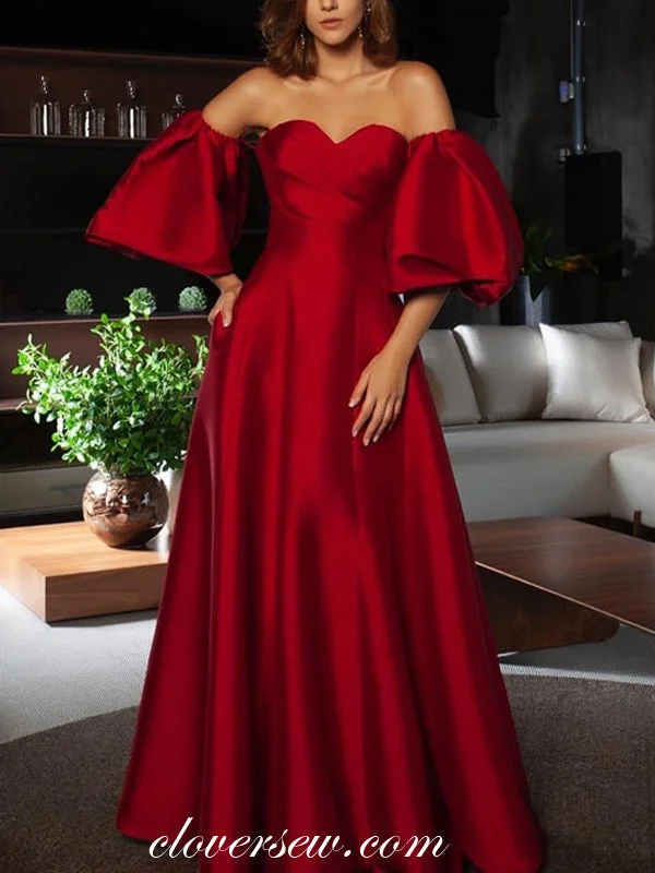 Fringe maxi dress-Red Satin Off The Shoulder Lantern Sleeves A-line Prom Dresses,CP0330