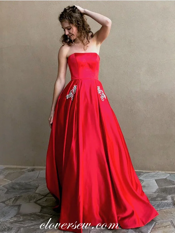 Bold color maxi dress-Red Satin Strapless Rhinestone Pocket A-line Prom Dresses,CP0358