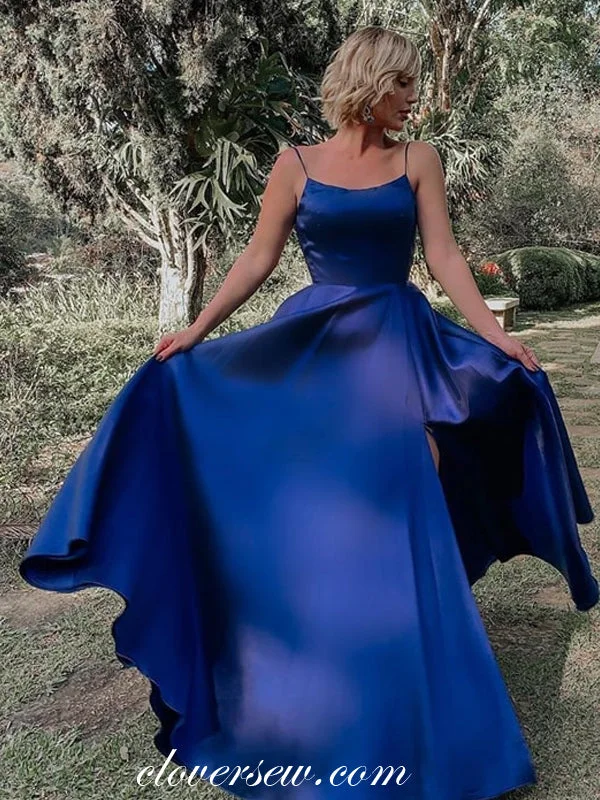 Chic design maxi dress-Royal Blue Elastic Satin Spaghetti Strap Lace Up Back Prom Dresses,CP0347