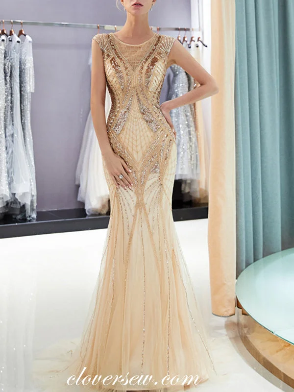 Animal print maxi dress-Stunning Bead Cap Sleeves Mermaid Gold Prom Dresses,CP0367