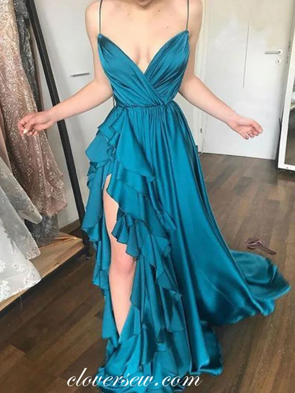 Elegant maxi dress-Turquoise Elastic Satin Spaghetti Strap Ruffles Slit Prom Dresses ,CP0338