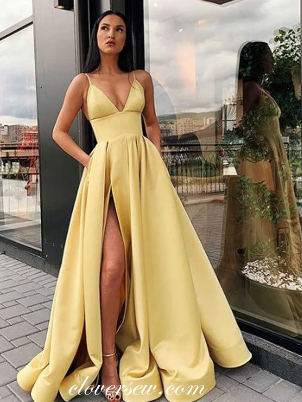 Draped bodice maxi dress-Yellow Satin V-neck Side Slit High Waist With Pocket Prom Dresses,CP0342